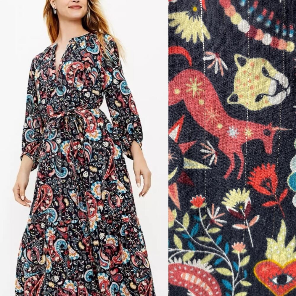 LOFT Animal Print Navy Blue Dress Size XS Midi Long Sleeve Metallic Paisley Boho